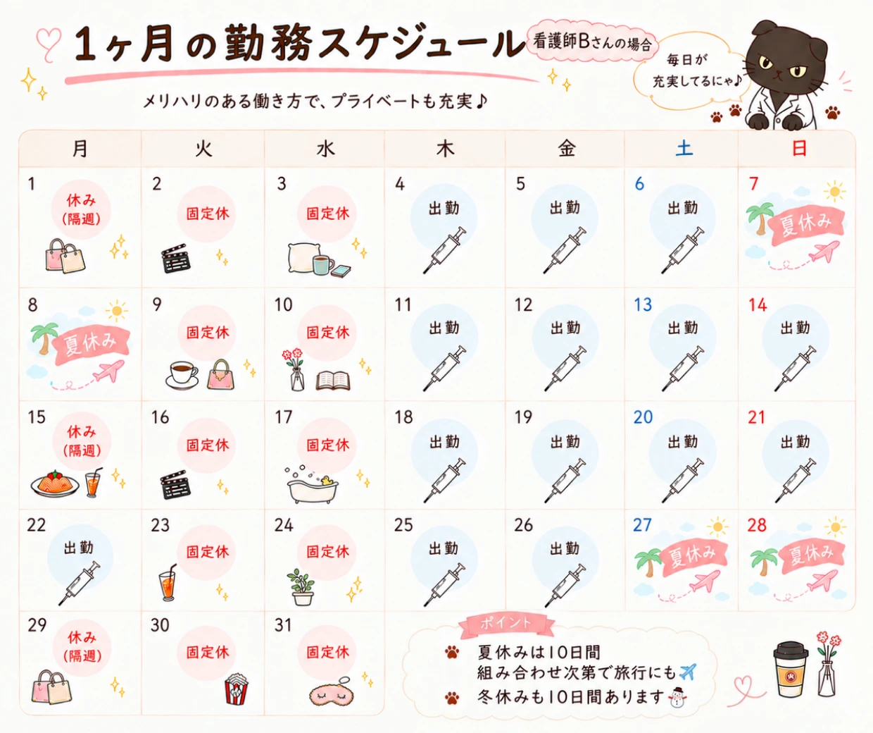 看護師Bさんの1ヶ月の勤務スケジュール。夏休みは10日間、冬休みも10日間